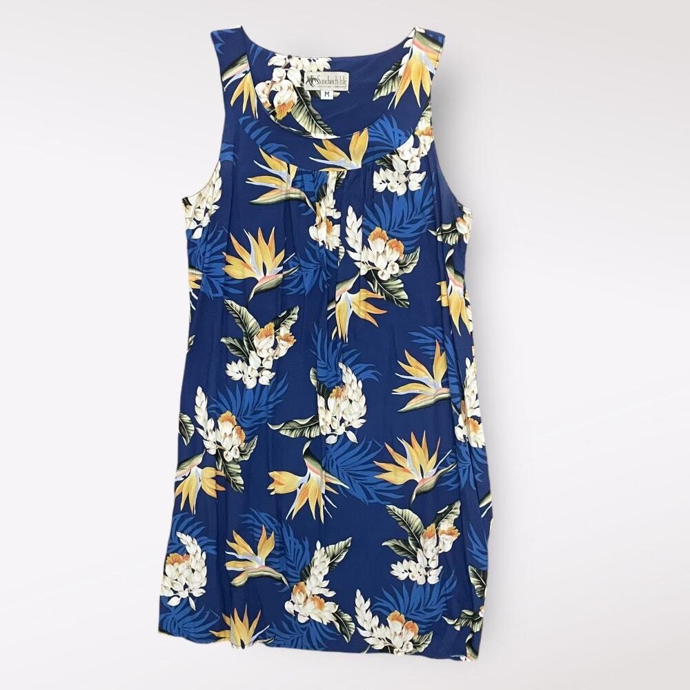 Sandwich Isle Vintage Floral Hawaiian Mini Dress Size Medium Blue‎ Beachy